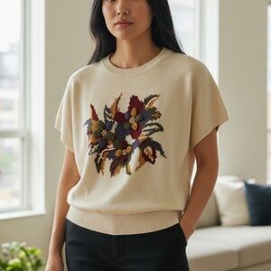 Vintage (S) MISTER LEONARD Floral Embroidered Cream Knit Sweater Top Wood Beads